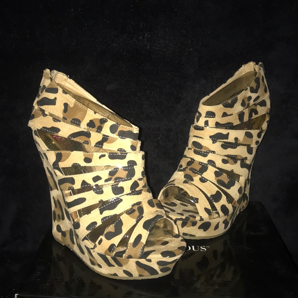JustFab leopard cheetah peep toe wedge heel
